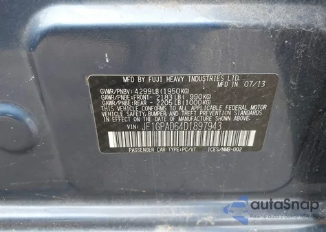 2013 Subaru Impreza 2.0I Premium из США, поврежденный, VIN JF1GPAD64D1897943